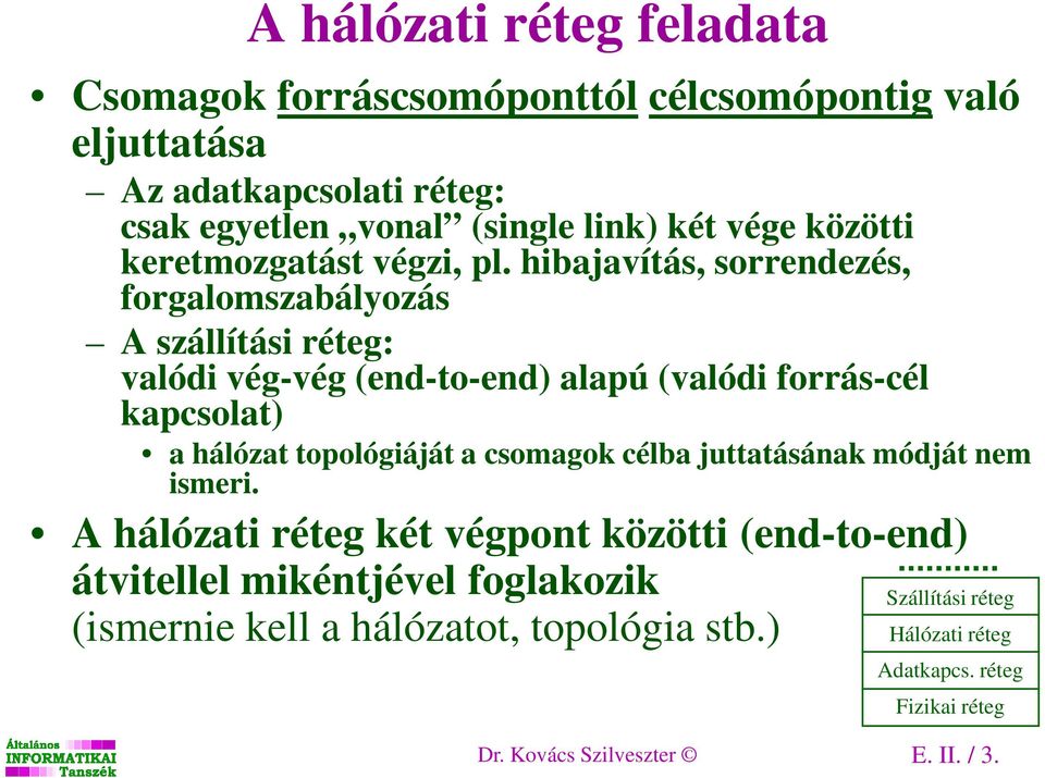 hibajavítás, sorrendezés, forgalomszabályozás A szállítási réteg: valódi vég-vég (end-to-end) alapú (valódi forrás-cél kapcsolat) a hálózat topológiáját