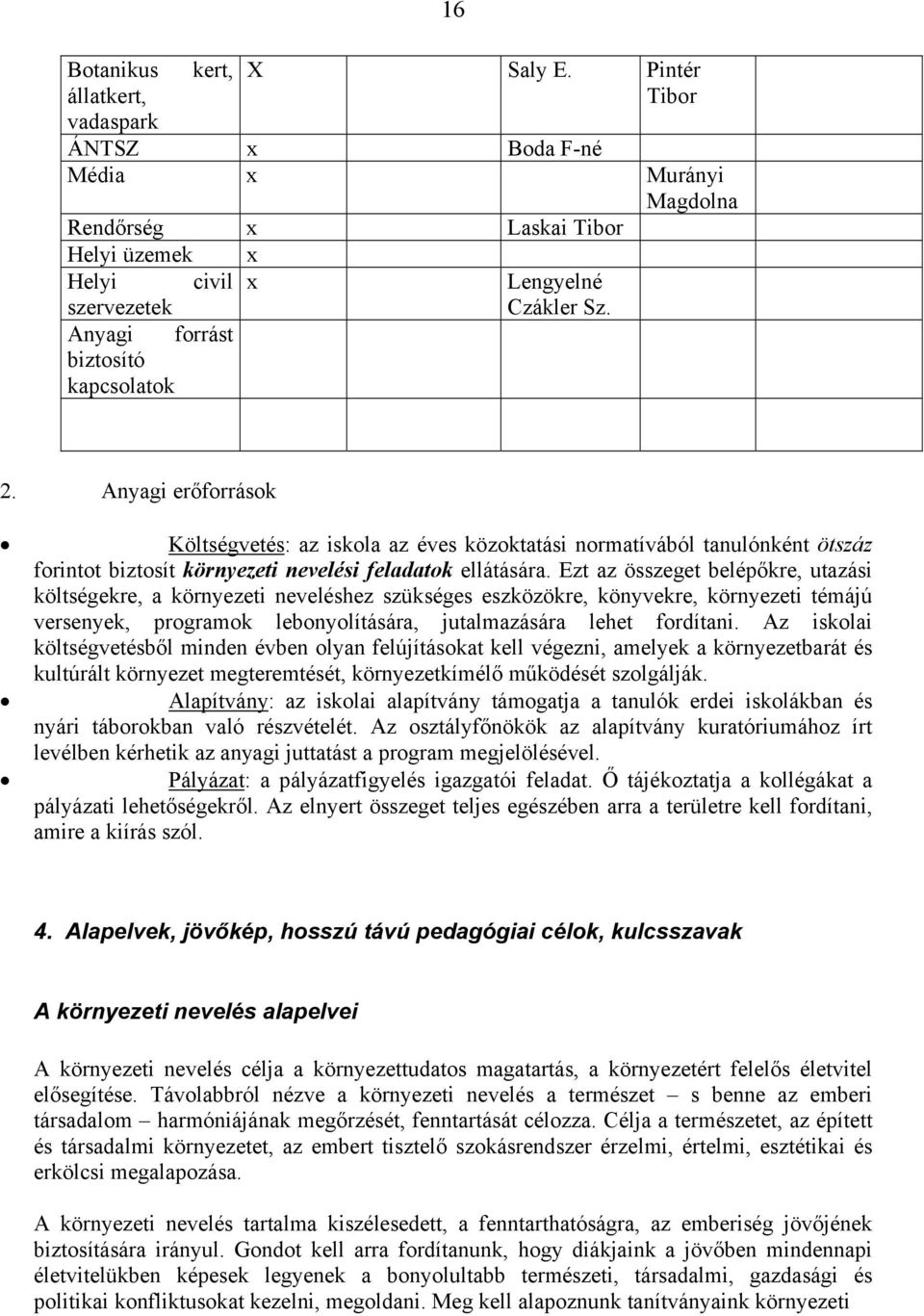 Anyagi erőfrrásk Költségvetés: az iskla az éves közktatási nrmatívából tanulónként ötszáz frintt biztsít környezeti nevelési feladatk ellátására.