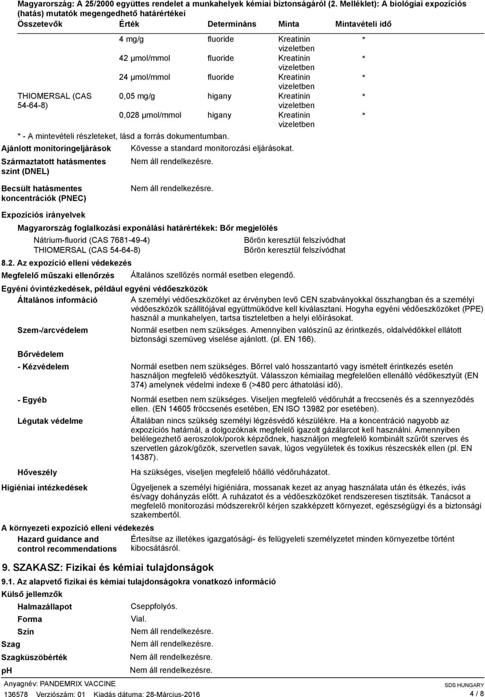 Kreatinin 24 µmol/mmol fluoride Kreatinin 0,05 mg/g higany Kreatinin 0,028 µmol/mmol higany Kreatinin A mintevételi részleteket, lásd a forrás dokumentumban.