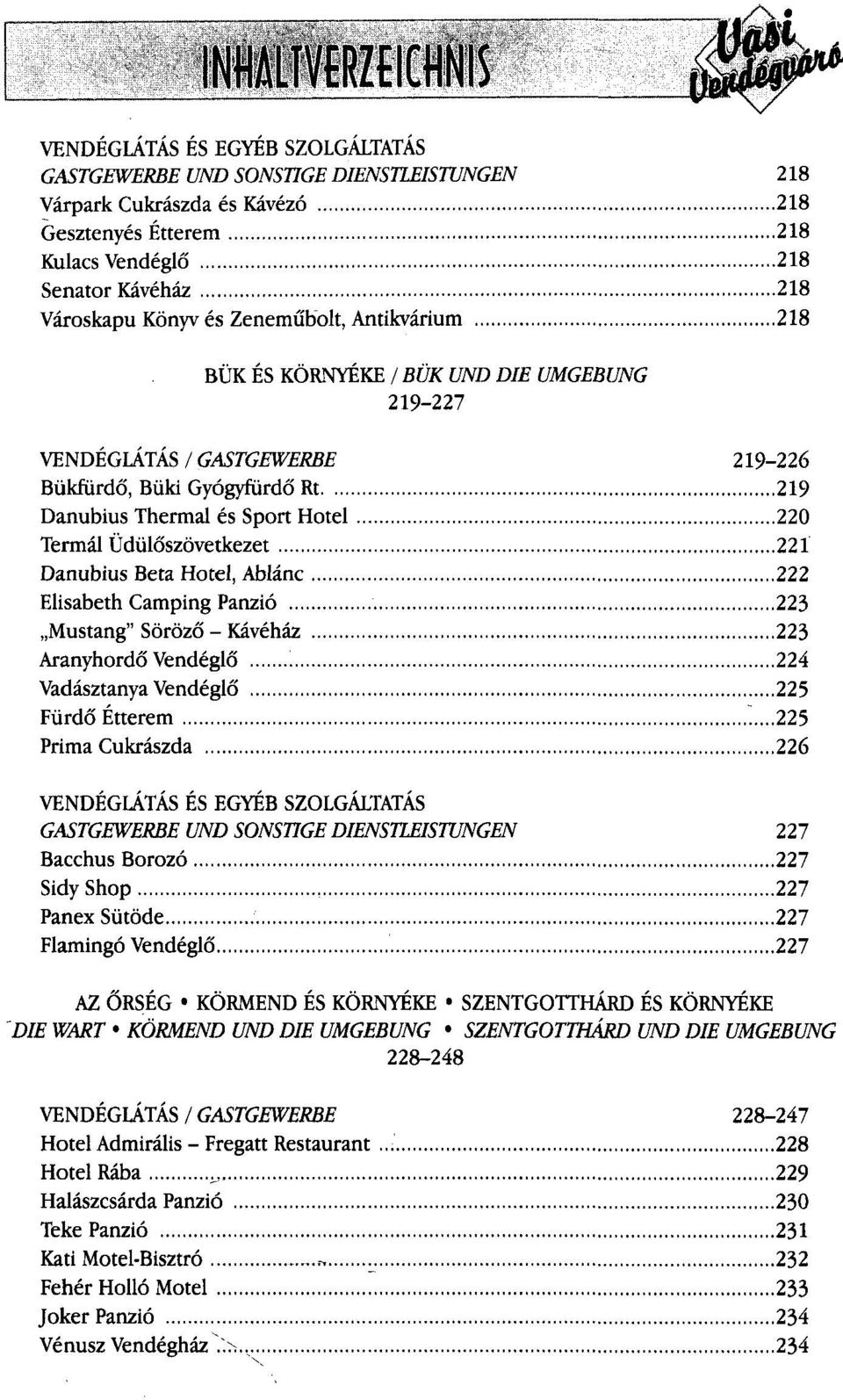 Termál Üdülőszövetkezet 221 Danubius Béta Hotel, Ablánc 222 Elisabeth Camping Panzió 223 Mustang" Söröző - Kávéház 223 Aranyhordő Vendéglő : 224 Vadásztanya Vendéglő 225 Fürdő Étterem ^.