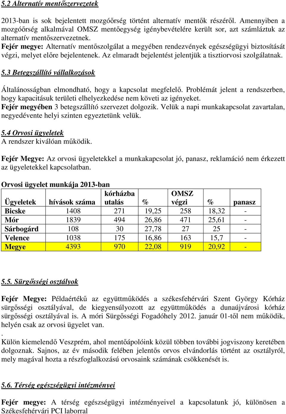 Fejér megye: Alternatív mentıszolgálat a megyében rendezvények egészségügyi biztosítását végzi, melyet elıre bejelentenek. Az elmaradt bejelentést jelentjük a tisztiorvosi szolgálatnak. 5.