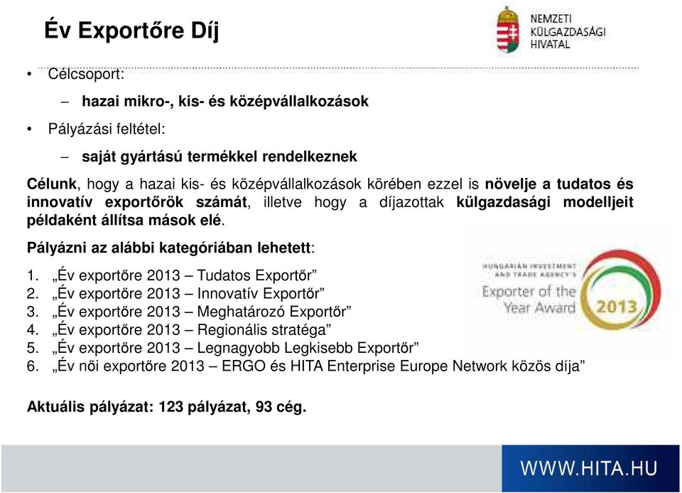 Pályázni az alábbi kategóriában lehetett: 1. Év exportőre 2013 Tudatos Exportőr 2. Év exportőre 2013 Innovatív Exportőr 3. Év exportőre 2013 Meghatározó Exportőr 4.