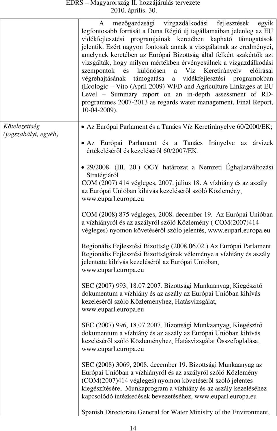 szempontok és különösen a Víz Keretirányelv előírásai végrehajtásának támogatása a vidékfejlesztési programokban (Ecologic Vito (April 2009) WFD and Agriculture Linkages at EU Level Summary report on