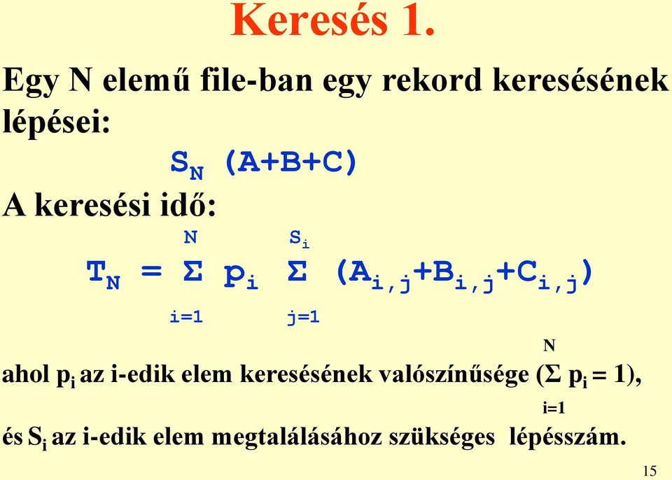 keresési idő: N S i T N = Σ p i Σ (A i,j +B i,j +C i,j ) i=1 j=1 N