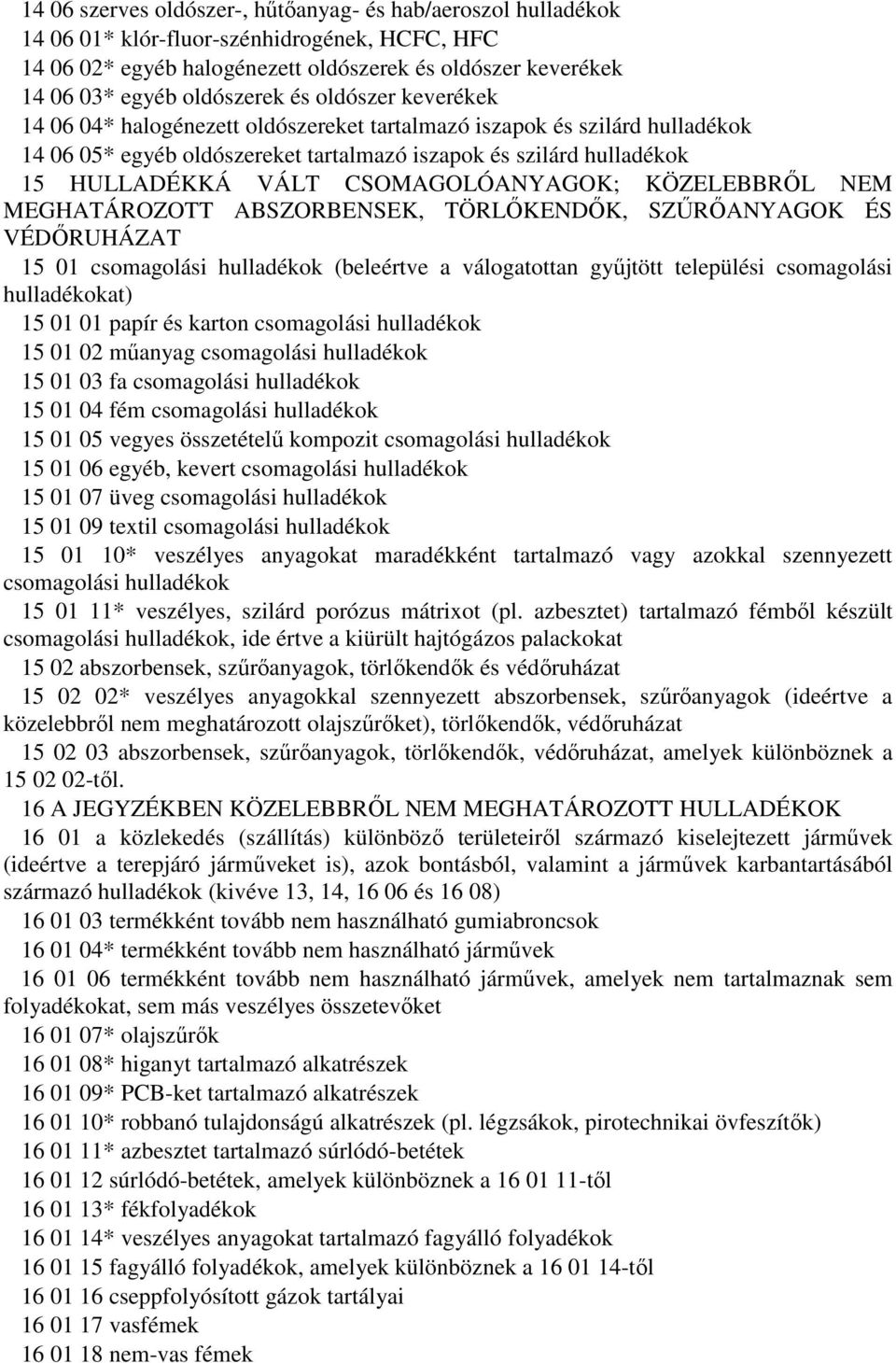 CSOMAGOLÓANYAGOK; KÖZELEBBRŐL NEM MEGHATÁROZOTT ABSZORBENSEK, TÖRLŐKENDŐK, SZŰRŐANYAGOK ÉS VÉDŐRUHÁZAT 15 01 csomagolási hulladékok (beleértve a válogatottan gyűjtött települési csomagolási