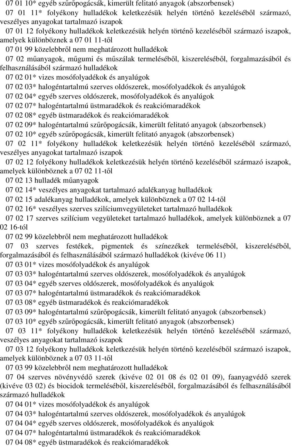 műszálak termeléséből, kiszereléséből, forgalmazásából és felhasználásából származó hulladékok 07 02 01* vizes mosófolyadékok és anyalúgok 07 02 03* halogéntartalmú szerves oldószerek, mosófolyadékok