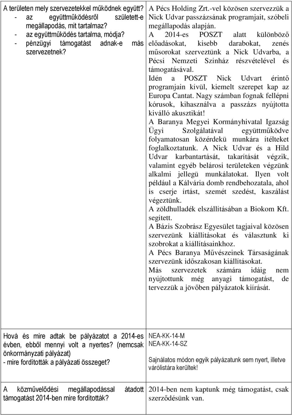 A 2014-es POSZT alatt különböző előadásokat, kisebb darabokat, zenés műsorokat szerveztünk a Nick Udvarba, a Pécsi Nemzeti Színház részvételével és támogatásával.