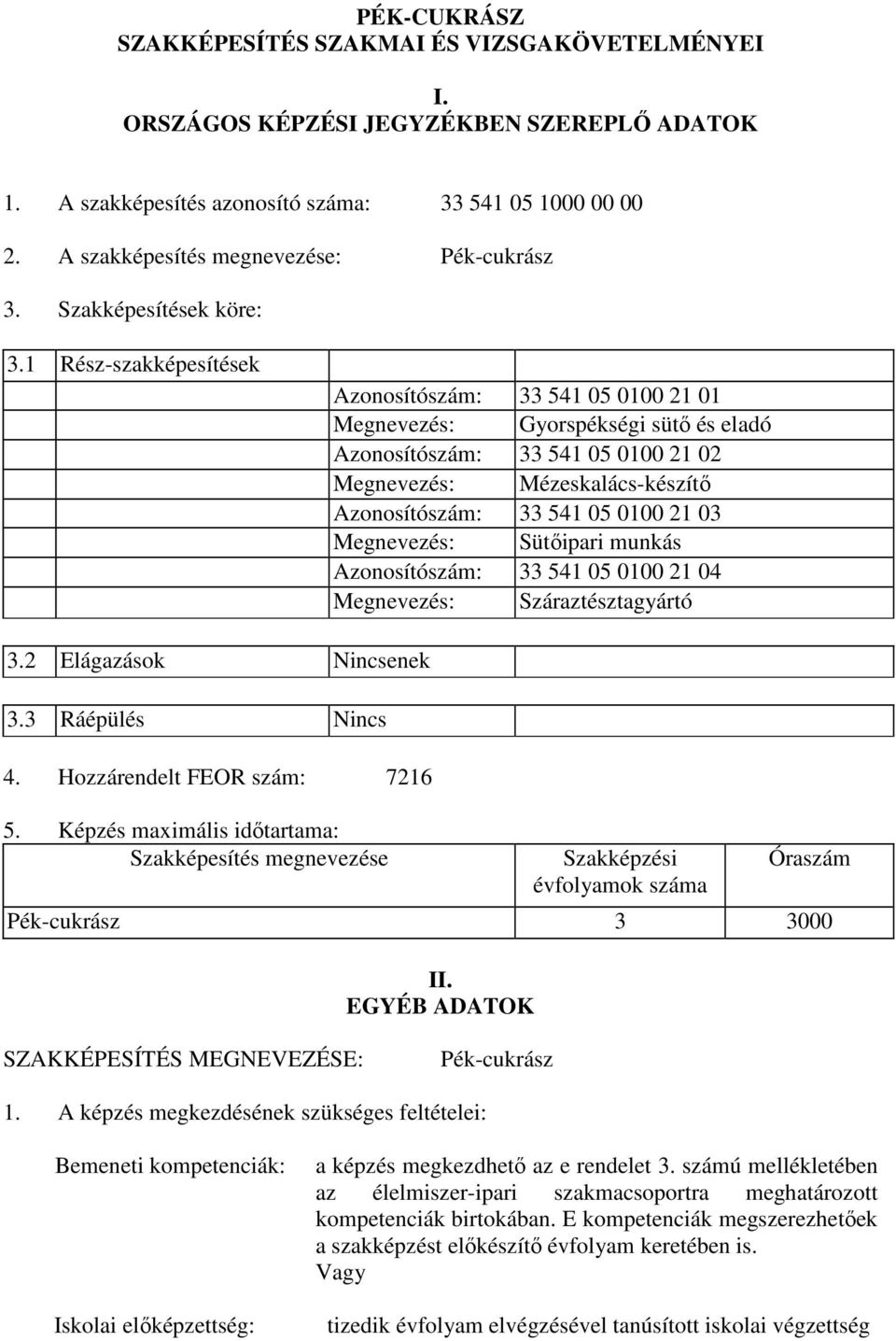 1 Rész-szakképesítések Azonosítószám: 33 541 05 0100 21 01 Megnevezés: Gyorspékségi sütő és eladó Azonosítószám: 33 541 05 0100 21 02 Megnevezés: Mézeskalács-készítő Azonosítószám: 33 541 05 0100 21