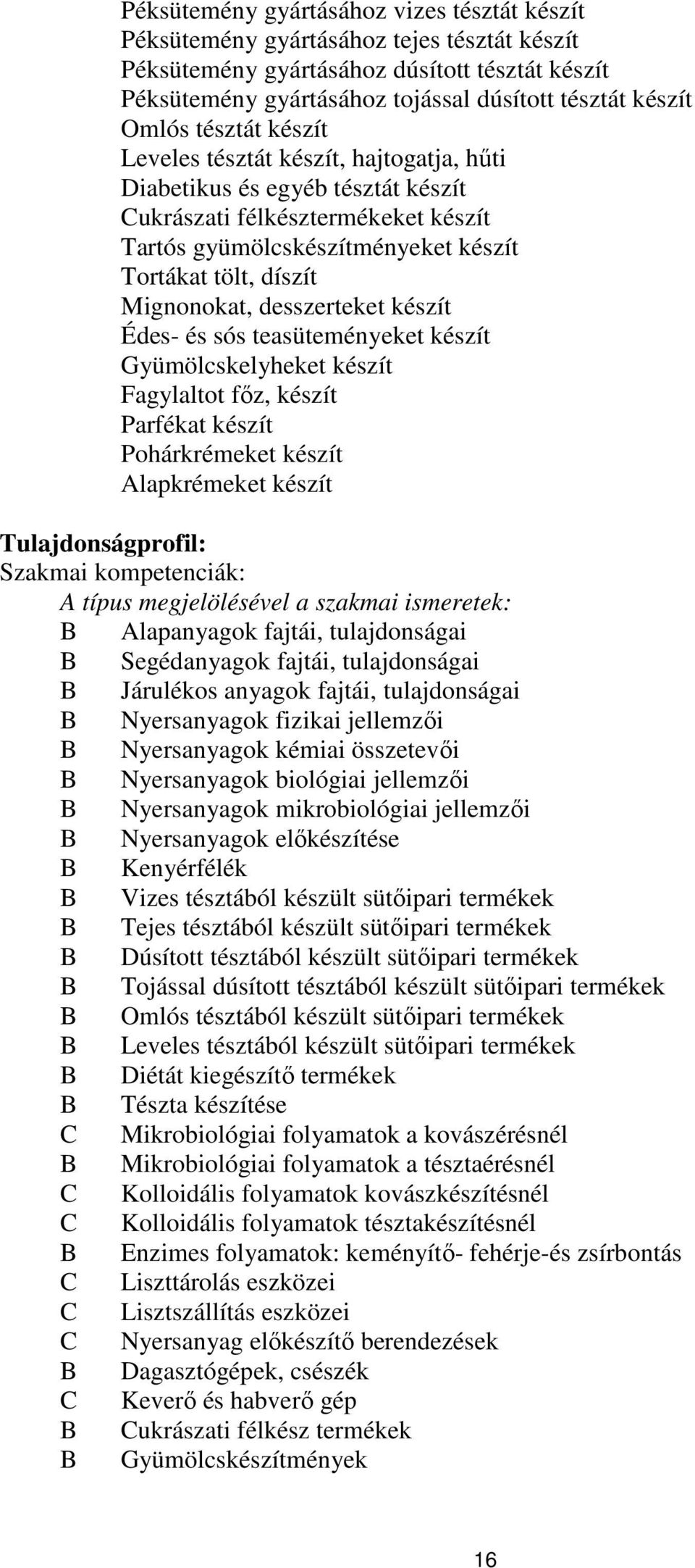 Mignonokat, desszerteket készít Édes- és sós teasüteményeket készít Gyümölcskelyheket készít Fagylaltot főz, készít Parfékat készít Pohárkrémeket készít Alapkrémeket készít Tulajdonságprofil: Szakmai