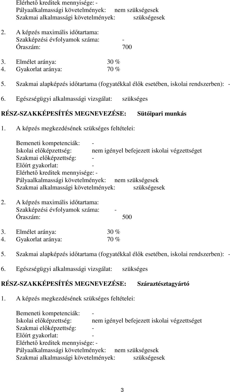 Szakmai alapképzés időtartama (fogyatékkal élők esetében, iskolai rendszerben): - 6. Egészségügyi alkalmassági vizsgálat: szükséges RÉSZ-SZAKKÉPESÍTÉS MEGNEVEZÉSE: Sütőipari munkás 1.