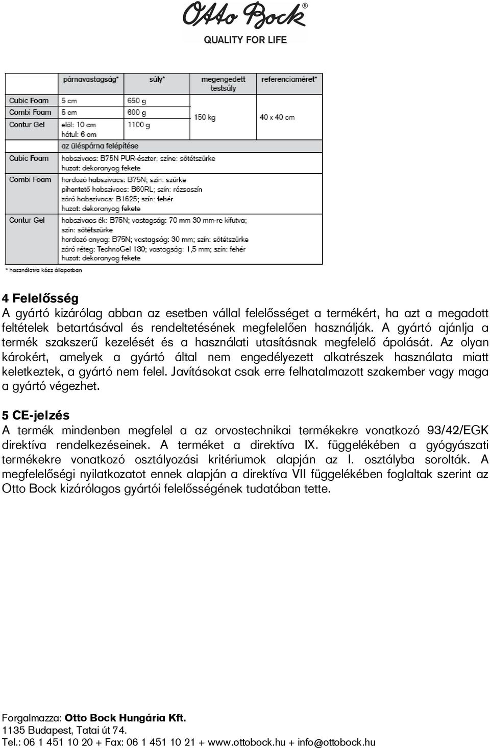 Az olyan károkért, amelyek a gyártó által nem engedélyezett alkatrészek használata miatt keletkeztek, a gyártó nem felel. Javításokat csak erre felhatalmazott szakember vagy maga a gyártó végezhet.