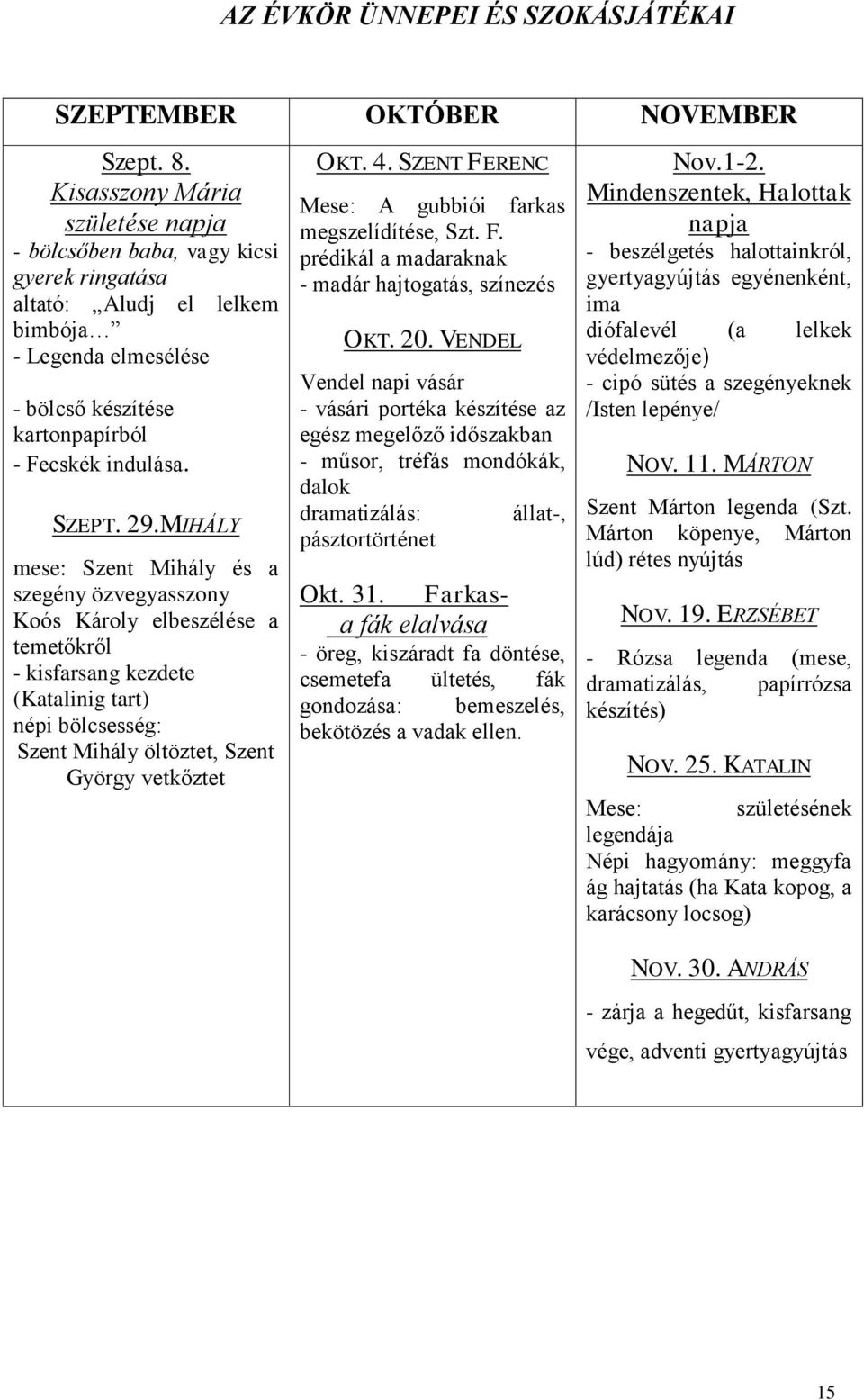 MIHÁLY mese: Szent Mihály és a szegény özvegyasszony Koós Károly elbeszélése a temetőkről - kisfarsang kezdete (Katalinig tart) népi bölcsesség: Szent Mihály öltöztet, Szent György vetkőztet OKT. 4.