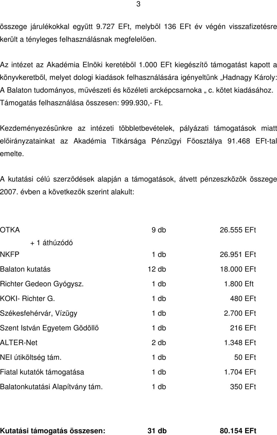 Támogatás felhasználása összesen: 999.930,- Ft. Kezdeményezésünkre az intézeti többletbevételek, pályázati támogatások miatt előirányzatainkat az Akadémia Titkársága Pénzügyi Főosztálya 91.