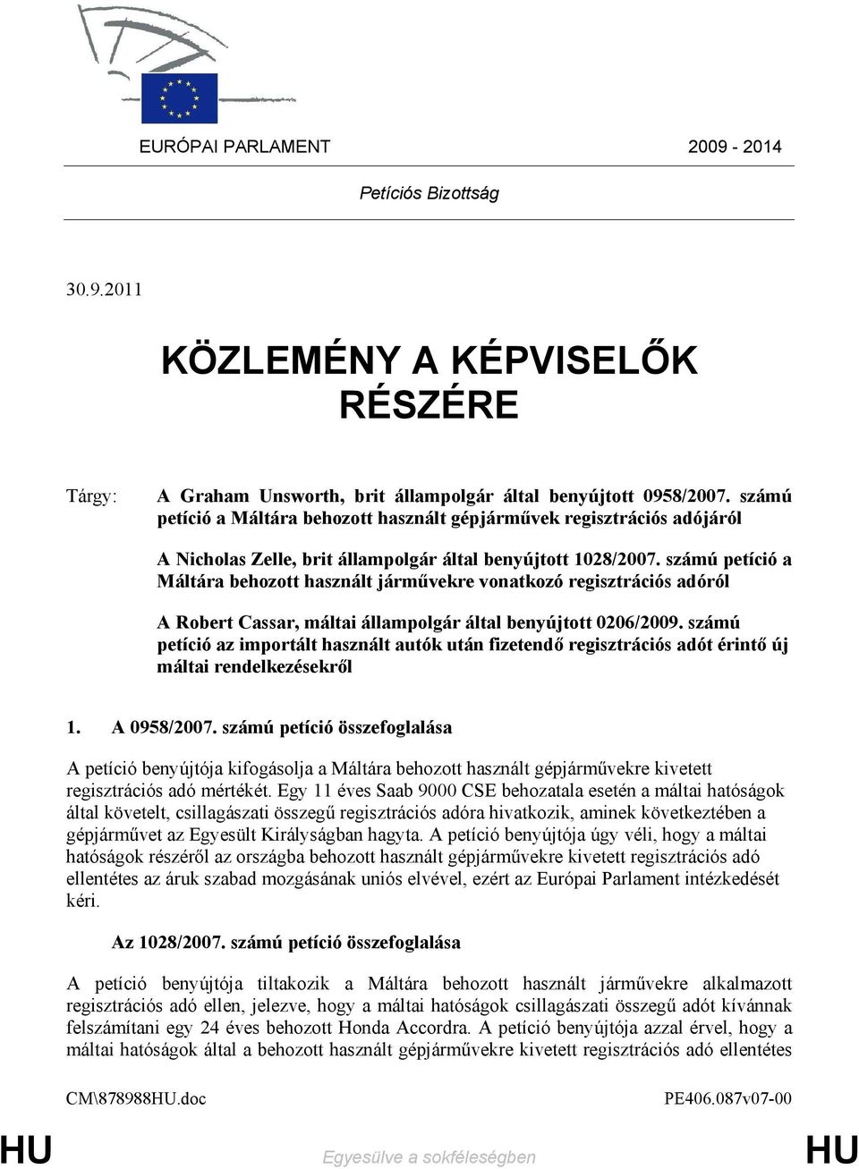 számú petíció a Máltára behozott használt jármővekre vonatkozó regisztrációs adóról A Robert Cassar, máltai állampolgár által benyújtott 0206/2009.