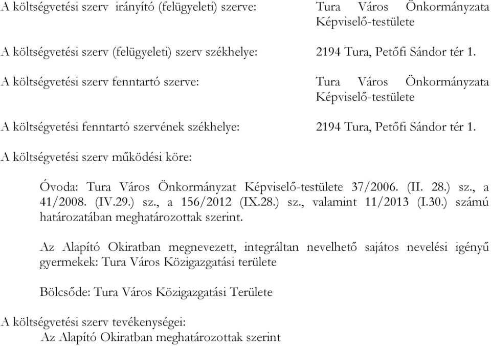 A költségvetési szerv működési köre: Óvoda: Tura Város Önkormányzat Képviselő-testülete 37/2006. (II. 28.) sz., a 41/2008. (IV.29.) sz., a 156/2012 (IX.28.) sz., valamint 11/2013 (I.30.
