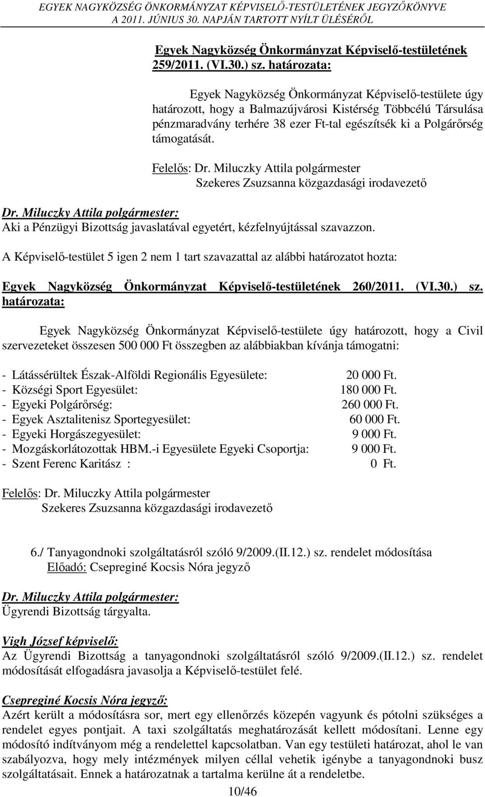 A Képviselő-testület 5 igen 2 nem 1 tart szavazattal az alábbi határozatot hozta: 260/2011. (VI.30.) sz.