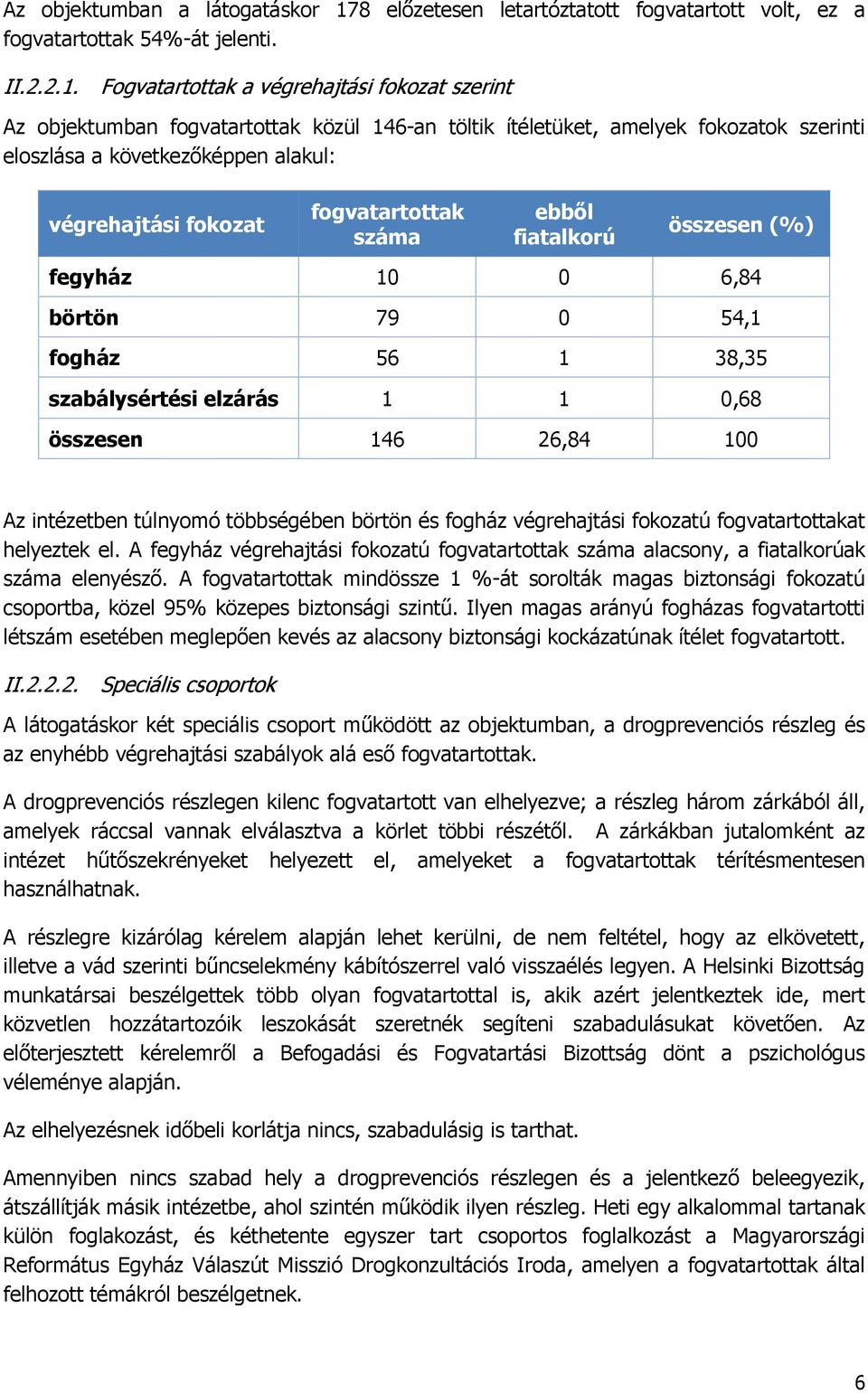 Fogvatartottak a végrehajtási fokozat szerint Az objektumban fogvatartottak közül 146-an töltik ítéletüket, amelyek fokozatok szerinti eloszlása a következőképpen alakul: végrehajtási fokozat