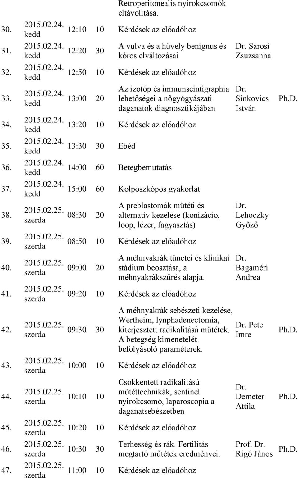 Betegbemutatás 15:00 60 Kolposzkópos gyakorlat 08:30 20 A preblastomák műtéti és alternatív kezelése (konizácio, loop, lézer, fagyasztás) 08:50 09:00 20 A méhnyakrák tünetei és klinikai stádium