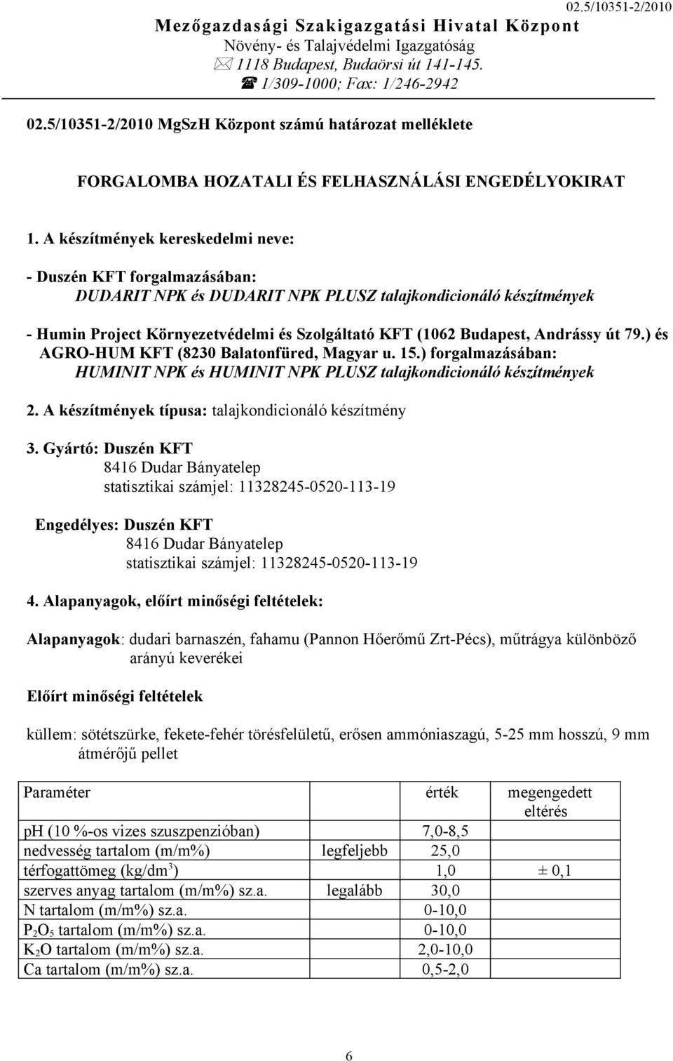 A készítmények kereskedelmi neve: - Duszén KFT forgalmazásában: DUDARIT NPK és DUDARIT NPK PLUSZ talajkondicionáló készítmények - Humin Project Környezetvédelmi és Szolgáltató KFT (1062 Budapest,