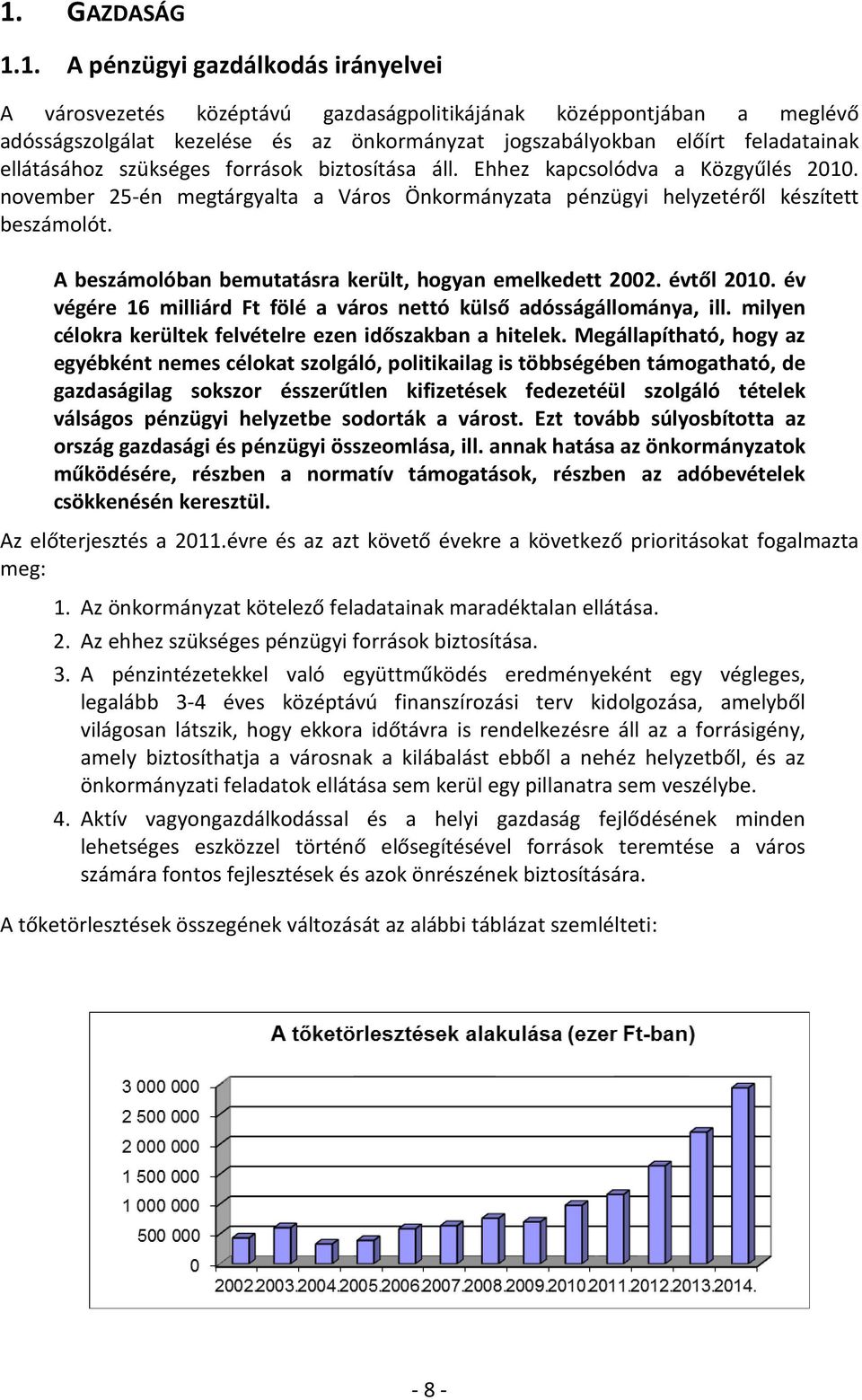 A beszámolóban bemutatásra került, hogyan emelkedett 2002. évtől 2010. év végére 16 milliárd Ft fölé a város nettó külső adósságállománya, ill.