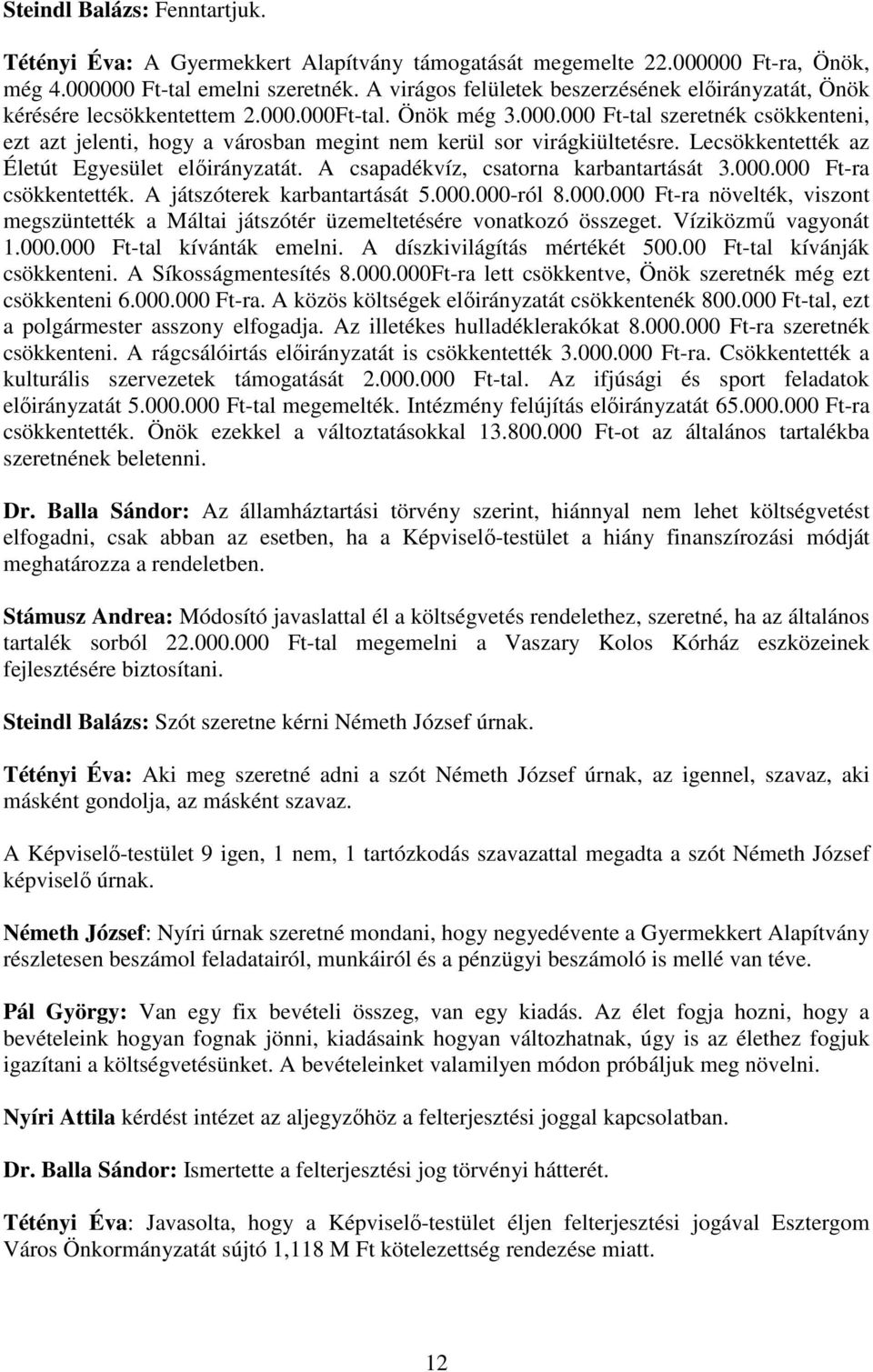 Lecsökkentették az Életút Egyesület elıirányzatát. A csapadékvíz, csatorna karbantartását 3.000.000 Ft-ra csökkentették. A játszóterek karbantartását 5.000.000-ról 8.000.000 Ft-ra növelték, viszont megszüntették a Máltai játszótér üzemeltetésére vonatkozó összeget.