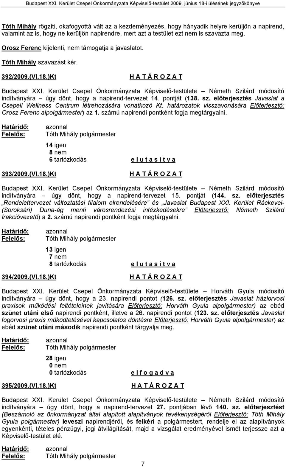 Kerület Csepel Önkormányzata Képviselő-testülete Németh Szilárd módosító indítványára úgy dönt, hogy a napirend-tervezet 14. pontját (138. sz.