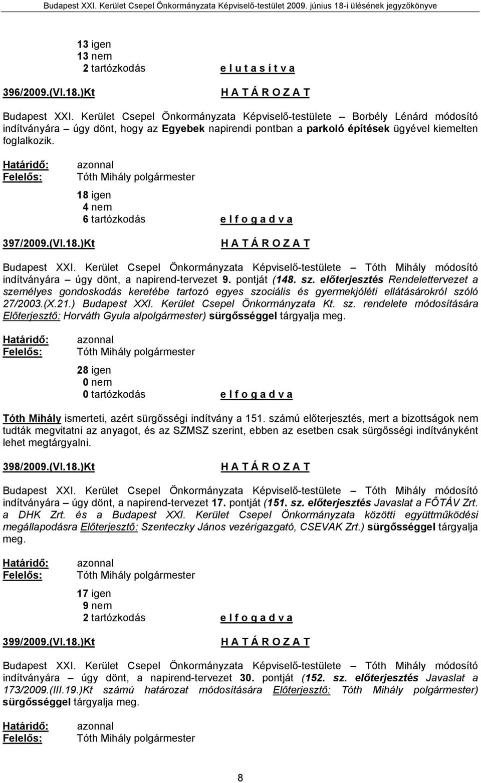 Határidő: Felelős: azonnal Tóth Mihály polgármester 18 igen 4 nem 6 tartózkodás e l f o g a d v a 397/2009.(VI.18.)Kt Budapest XXI.