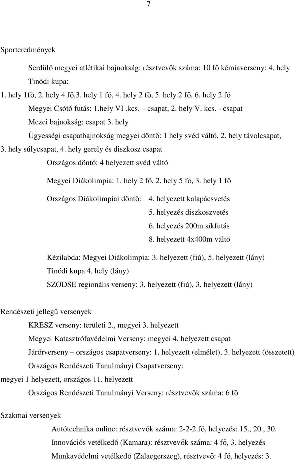 hely súlycsapat, 4. hely gerely és diszkosz csapat Országos döntı: 4 helyezett svéd váltó Megyei Diákolimpia: 1. hely 2 fı, 2. hely 5 fı, 3. hely 1 fı Országos Diákolimpiai döntı: 4.