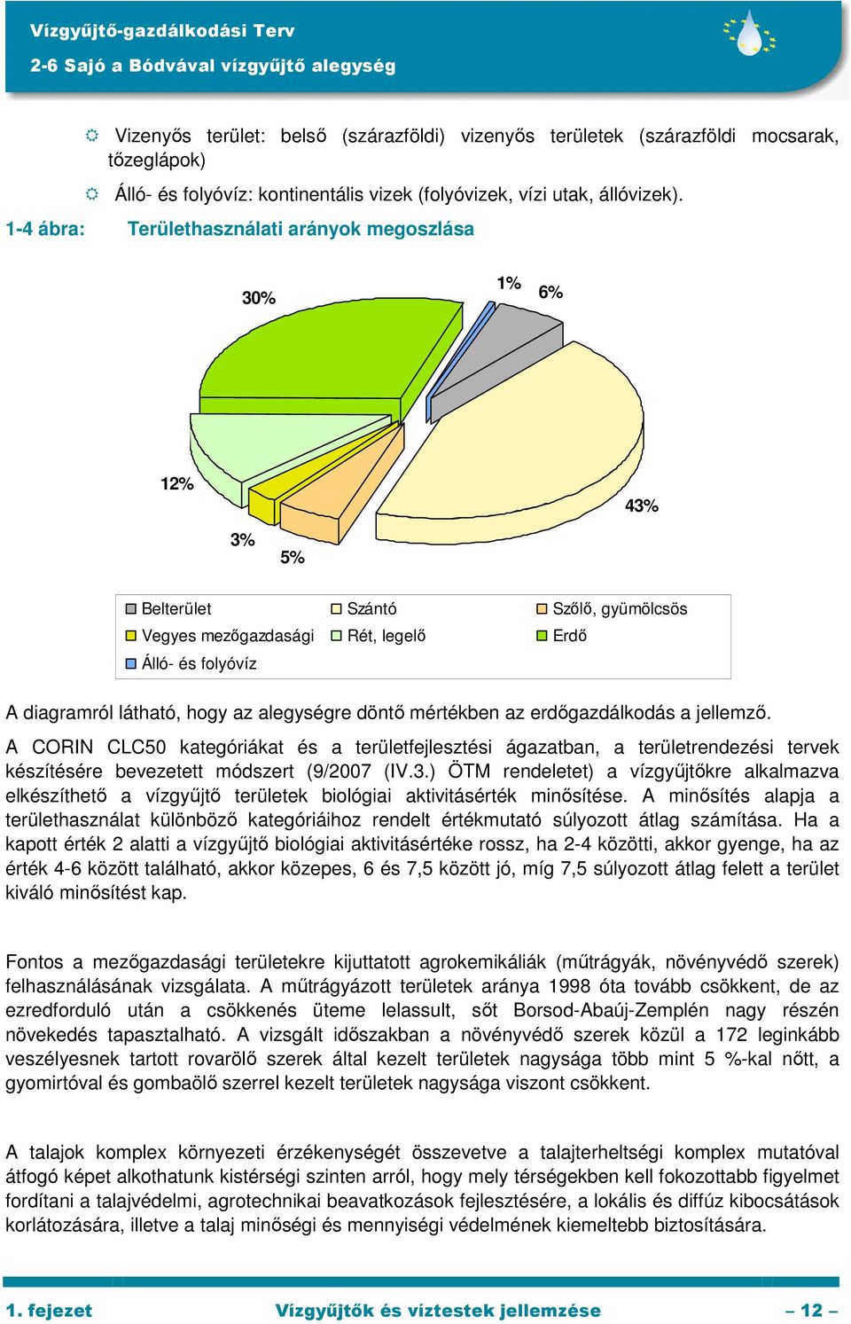 1-4 ábra: Területhasználati arányok megoszlása 30% 1% 6% 12% 43% 3% 5% Belterület Szántó Szılı, gyümölcsös Vegyes mezıgazdasági Rét, legelı Erdı Álló- és folyóvíz A diagramról látható, hogy az