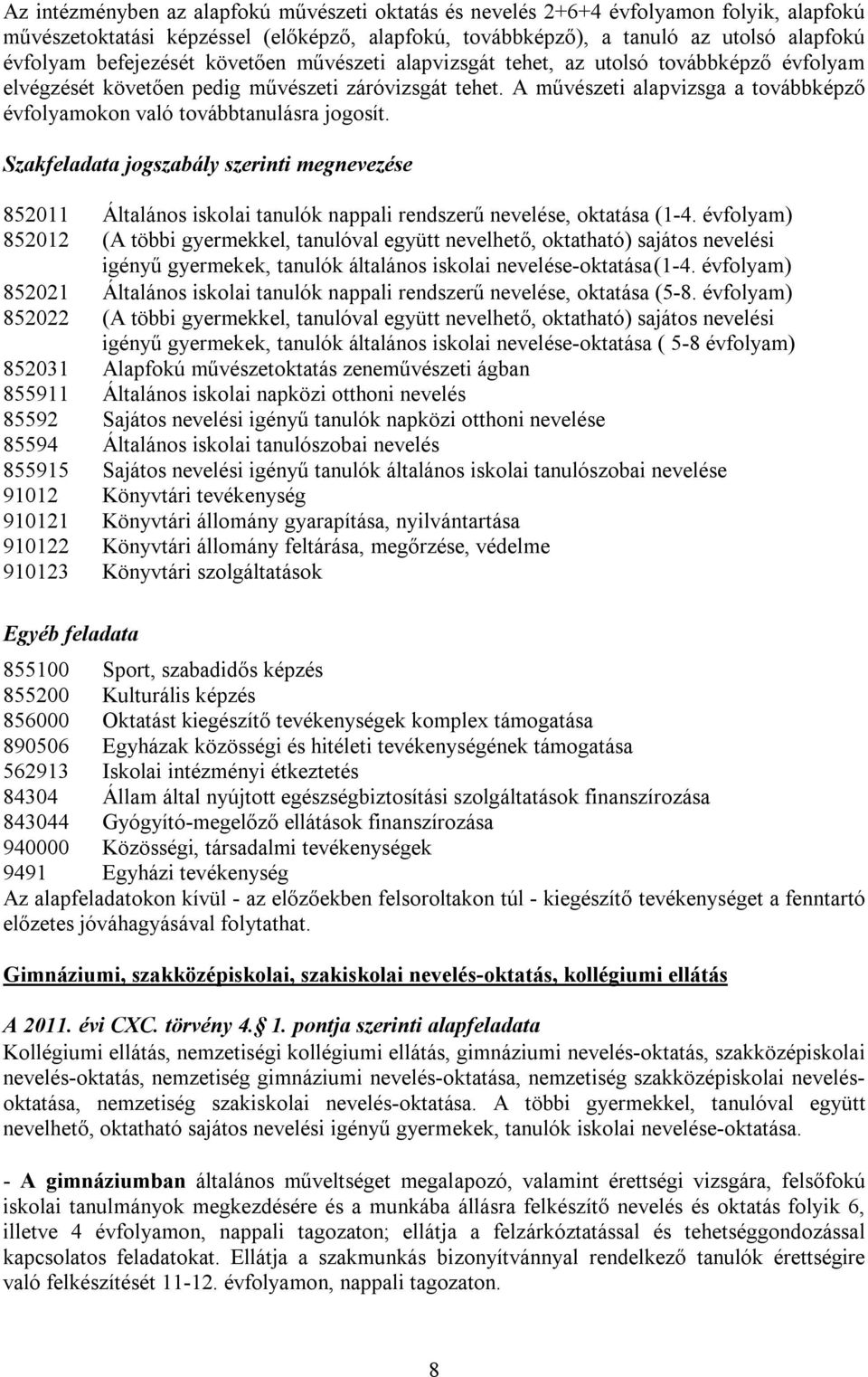 A művészeti alapvizsga a továbbképző évfolyamokon való továbbtanulásra jogosít. Szakfeladata jogszabály szerinti megnevezése 852011 Általános iskolai tanulók nappali rendszerű nevelése, oktatása (1-4.