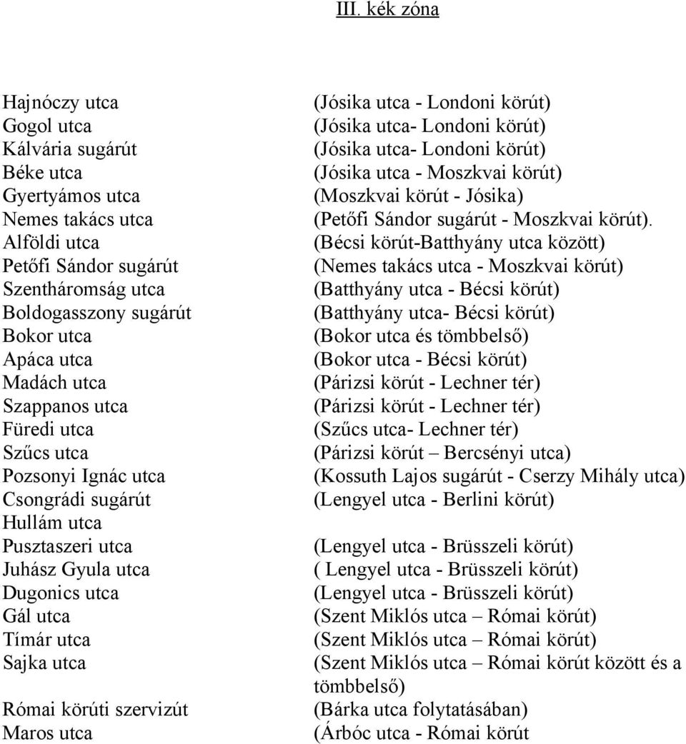 szervizút Maros utca (Jósika utca - Londoni körút) (Jósika utca- Londoni körút) (Jósika utca- Londoni körút) (Jósika utca - Moszkvai körút) (Moszkvai körút - Jósika) (Petőfi Sándor sugárút - Moszkvai