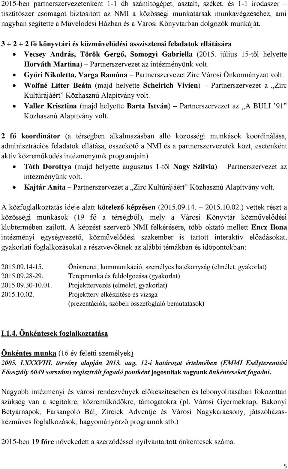 július 15-től helyette Horváth Martina) Partnerszervezet az intézményünk volt. Győri Nikoletta, Varga Ramóna Partnerszervezet Zirc Városi Önkormányzat volt.