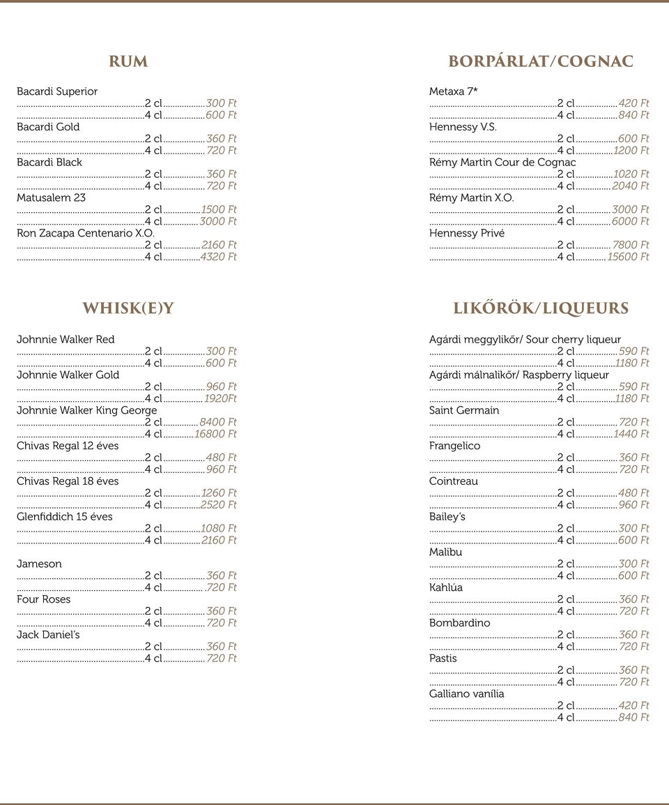 ..4 cl... 15600 Ft WHISK(E)Y Johnnie Walker Red Johnnie Walker Gold...2 cl...960 Ft...4 cl... 1920Ft Johnnie Walker King George...2 cl... 8400 Ft...4 cl... 16800 Ft Chivas Regal 12 éves...2 cl...480 Ft.