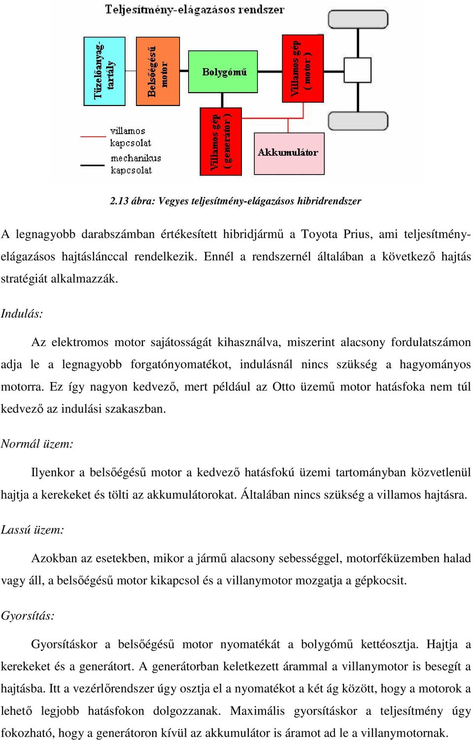 Indulás: Az elektromos motor sajátosságát kihasználva, miszerint alacsony fordulatszámon adja le a legnagyobb forgatónyomatékot, indulásnál nincs szükség a hagyományos motorra.