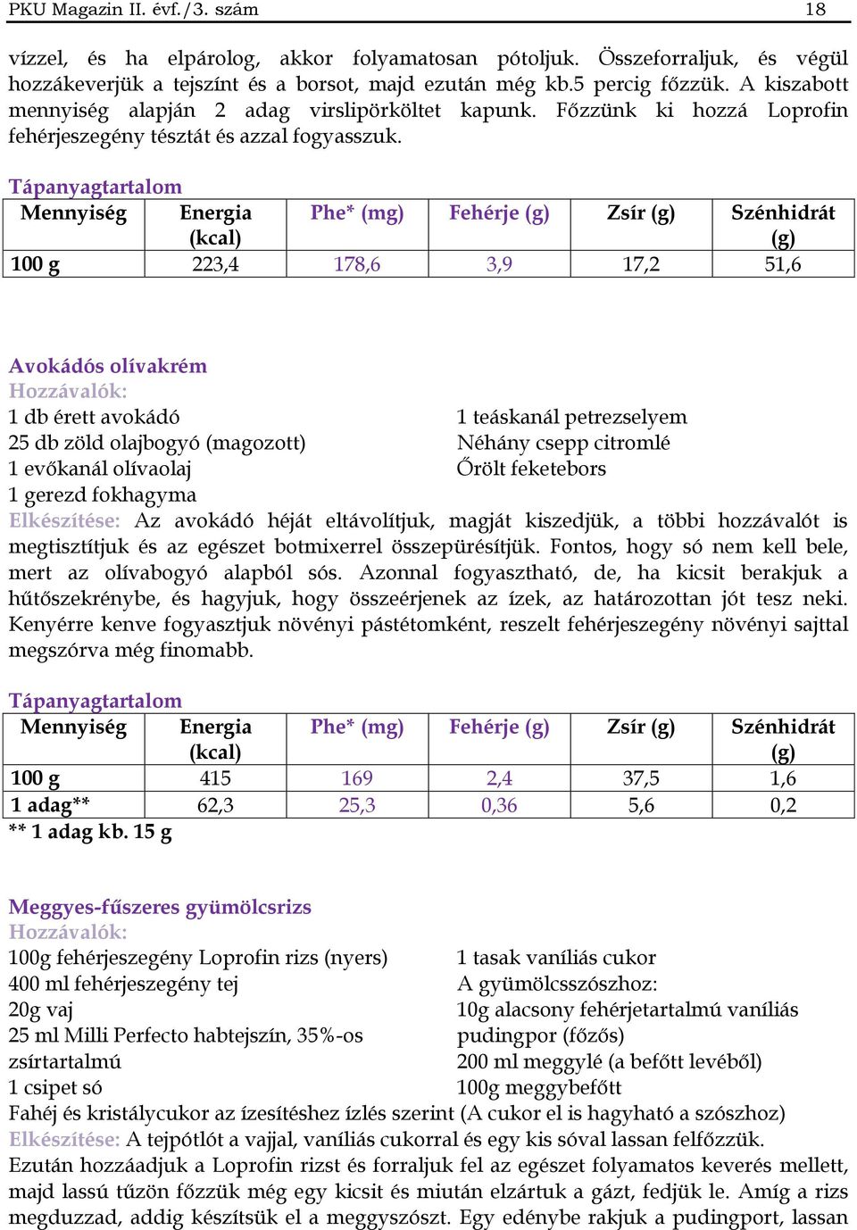 Tápanyagtartalom Mennyiség Energia (kcal) Phe* (mg) Fehérje (g) Zsír (g) Szénhidrát (g) 100 g 223,4 178,6 3,9 17,2 51,6 Avokádós olívakrém Hozzávalók: 1 db érett avokádó 25 db zöld olajbogyó