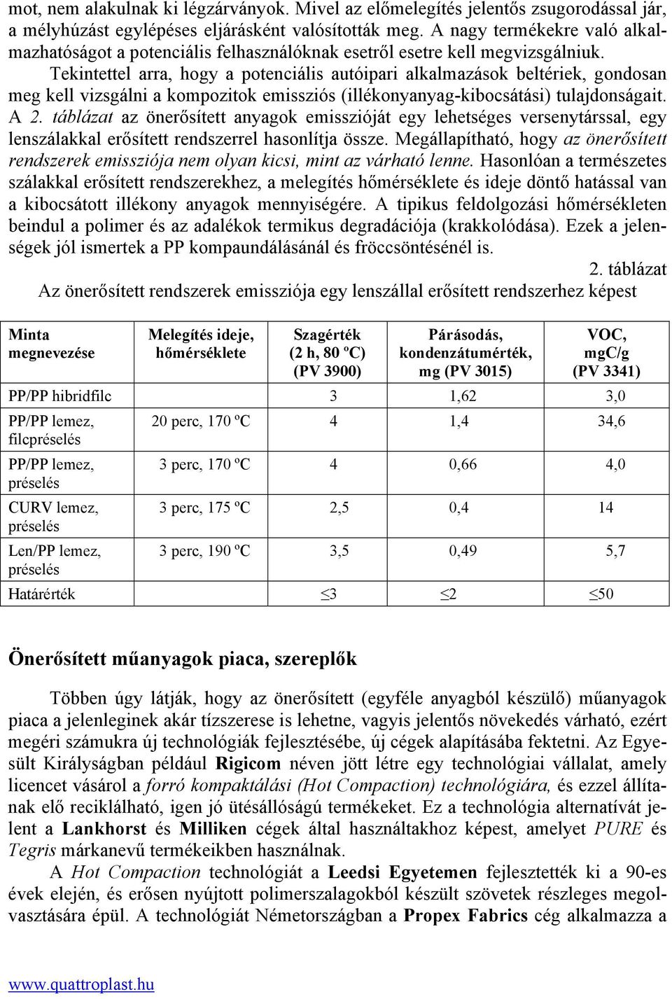 Tekintettel arra, hogy a potenciális autóipari alkalmazások beltériek, gondosan meg kell vizsgálni a kompozitok emissziós (illékonyanyag-kibocsátási) tulajdonságait. A 2.