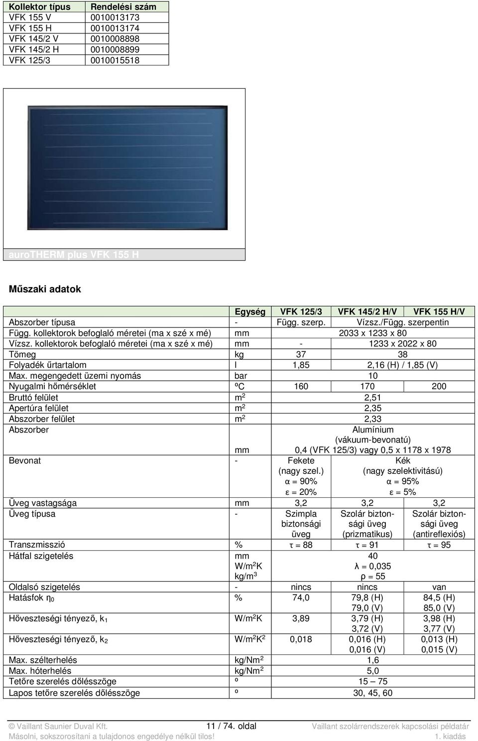 kollektorok befoglaló méretei (ma x szé x mé) mm - 1233 x 2022 x 80 Tömeg kg 37 38 Folyadék űrtartalom l 1,85 2,16 (H) / 1,85 (V) Max.