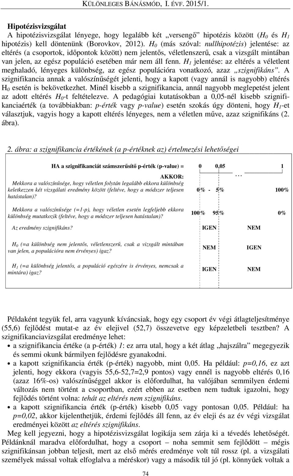 H 1 jelentése: az eltérés a véletlent meghaladó, lényeges különbség, az egész populációra vonatkozó, azaz szignifikáns.