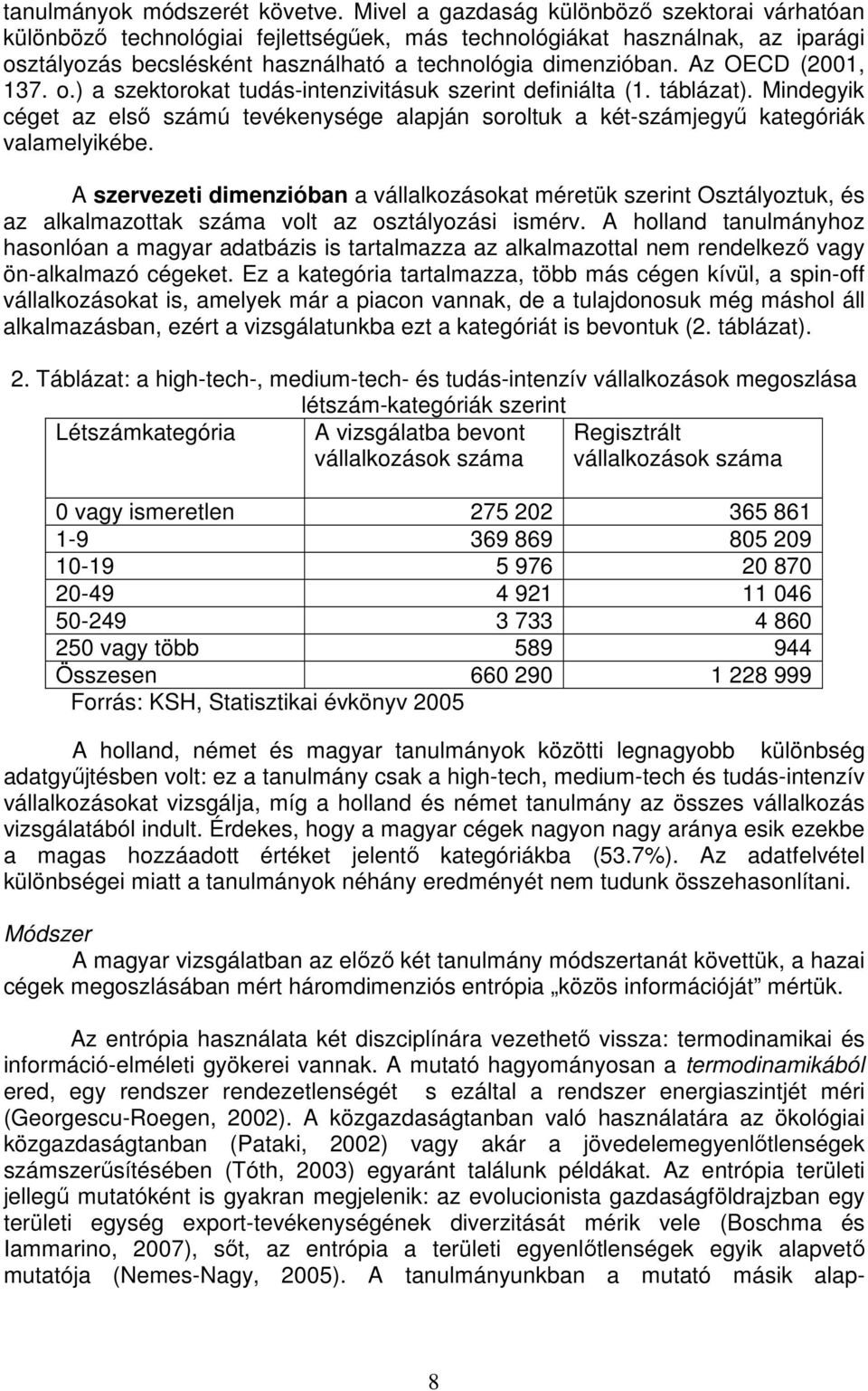 Az OECD (2001, 137. o.) a szektorokat tudás-intenzivitásuk szerint definiálta (1. táblázat). Mindegyik céget az első számú tevékenysége alapján soroltuk a két-számjegyű kategóriák valamelyikébe.