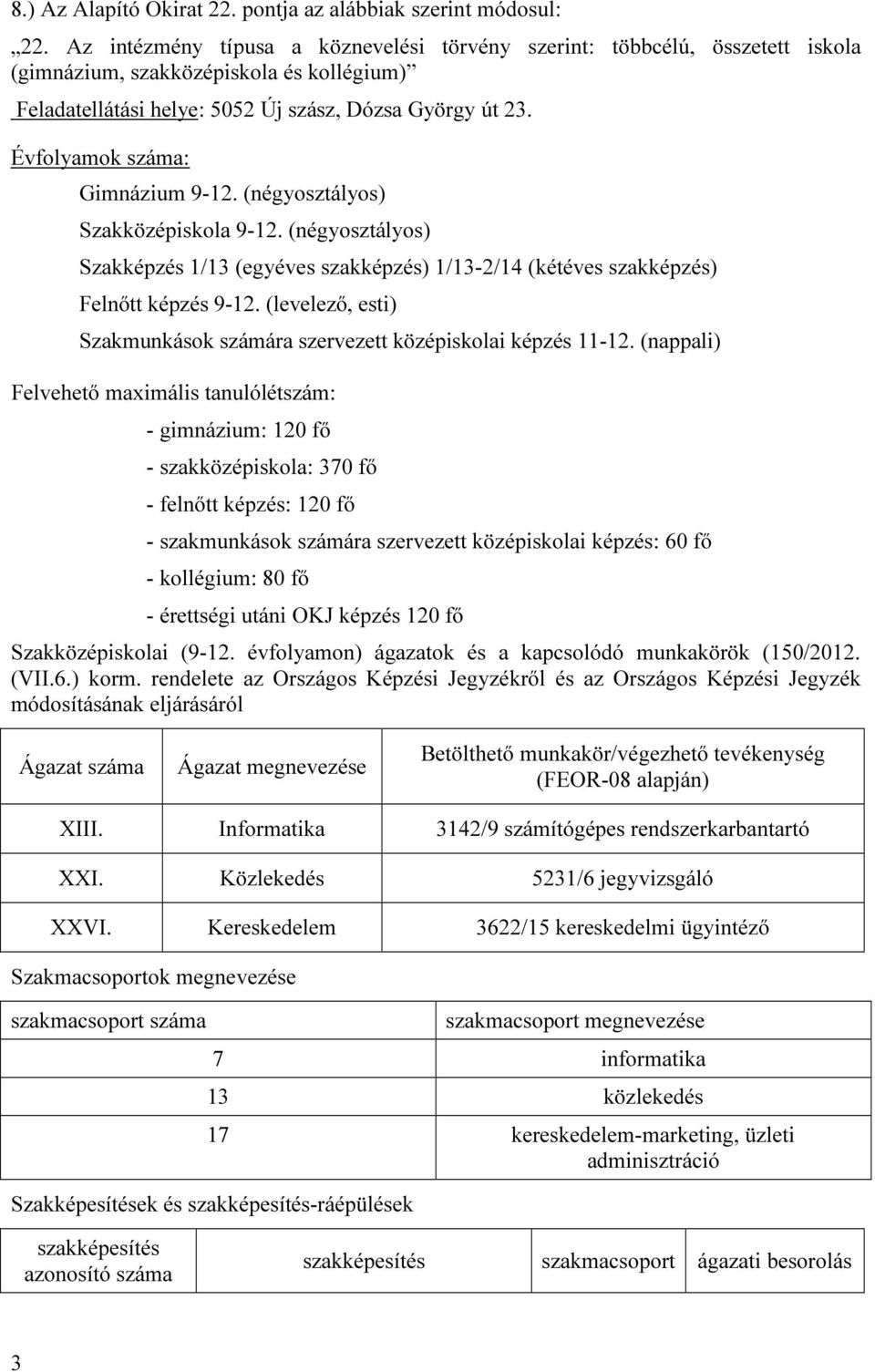 Évfolyamok száma: Gimnázium 9-12. (négyosztályos) Szakközépiskola 9-12. (négyosztályos) Szakképzés 1/13 (egyéves szakképzés) 1/13-2/14 (kétéves szakképzés) Felnőtt képzés 9-12.