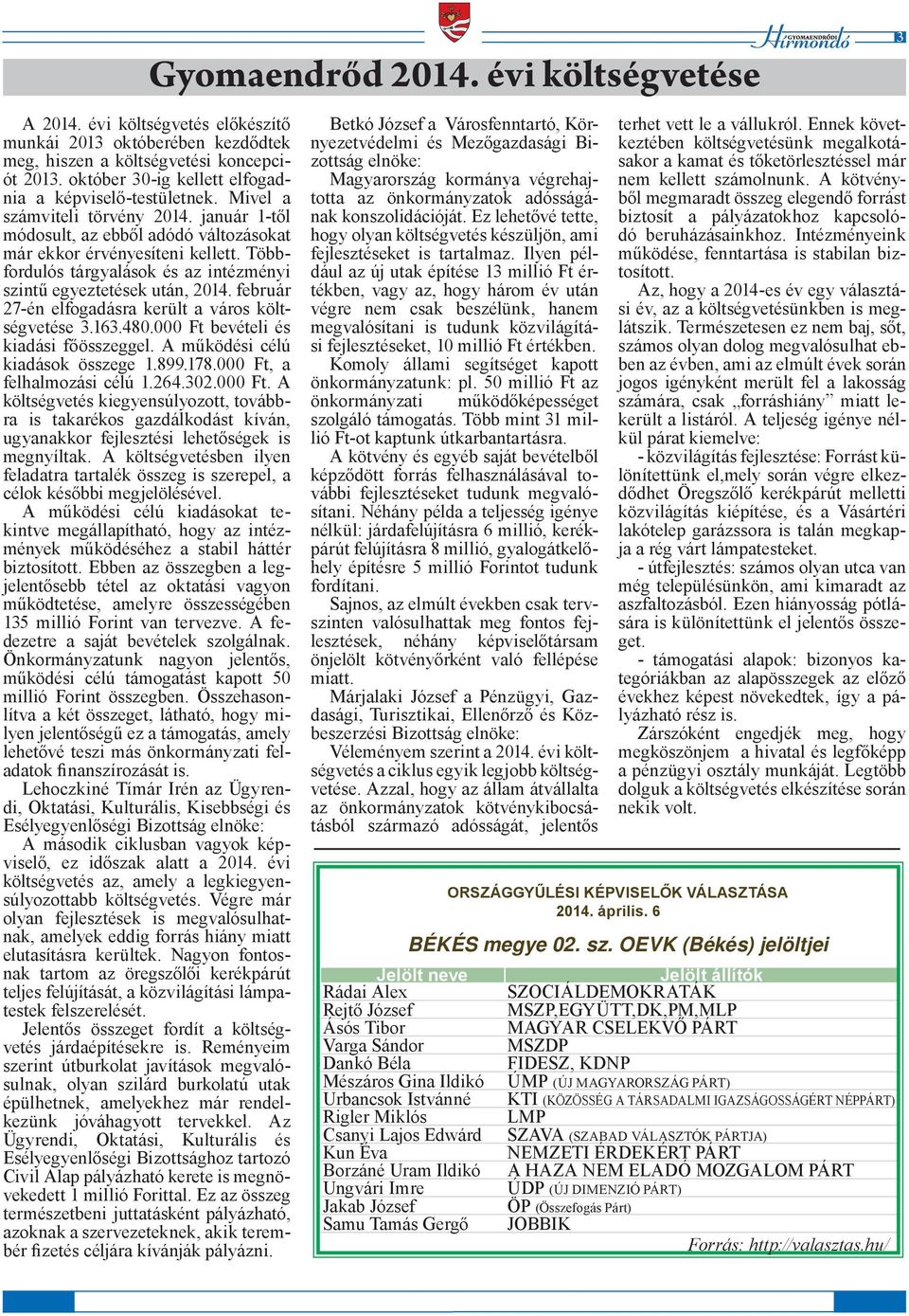 Többfordulós tárgyalások és az intézményi szintű egyeztetések után, 2014. február 27-én elfogadásra került a város költségvetése 3.163.480.000 Ft bevételi és kiadási főösszeggel.