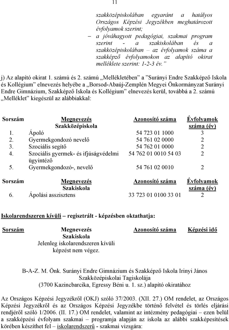 számú Mellékletében a Surányi Endre Szakképző Iskola és Kollégium elnevezés helyébe a Borsod-Abaúj-Zemplén Megyei Önkormányzat Surányi Endre Gimnázium, Szakképző Iskola és Kollégium elnevezés kerül,