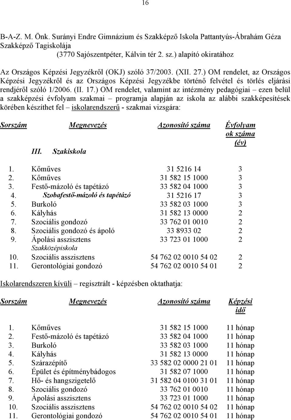 ) OM rendelet, az Országos Képzési Jegyzékről és az Országos Képzési Jegyzékbe történő felvétel és törlés eljárási rendjéről szóló 1/2006. (II. 17.