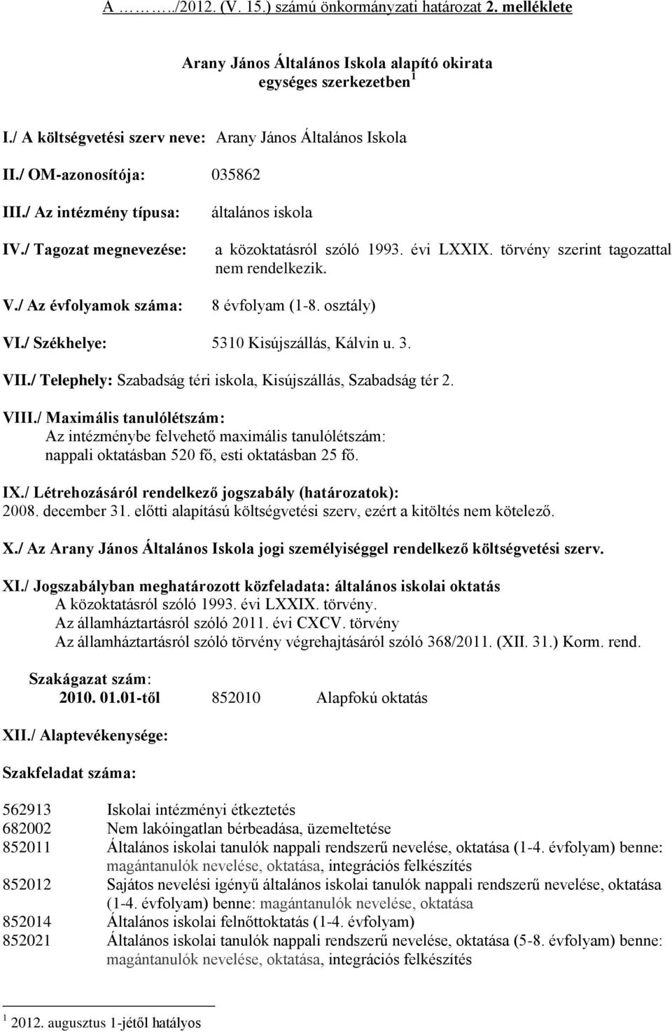 8 vfolyam (1-8. osztály) VI./ Szkhelye: 5310 Kisújszállás, Kálvin u. 3. VII./ Telephely: Szabadság tri iskola, Kisújszállás, Szabadság tr 2. VIII.