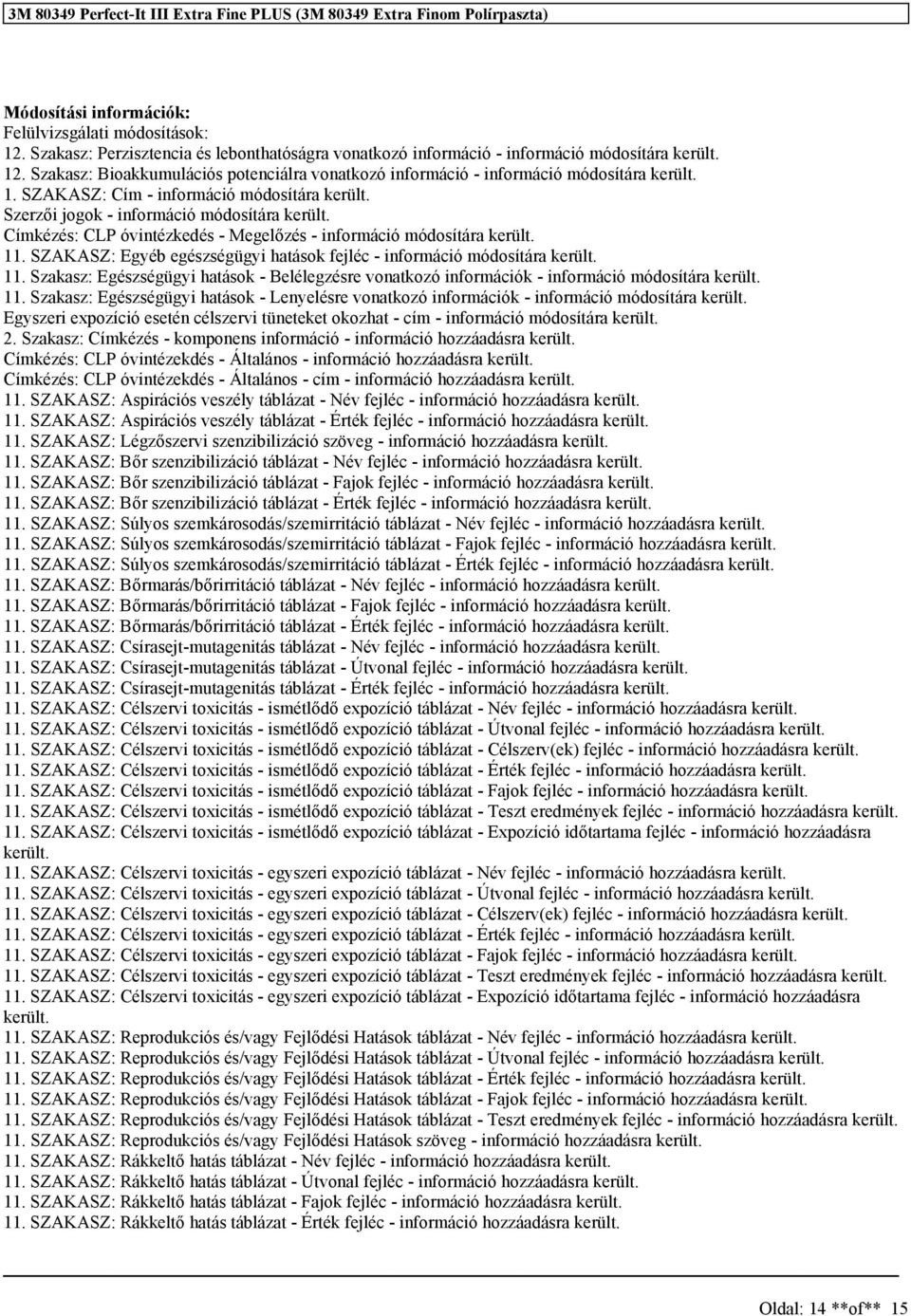 SZAKASZ: Egyéb egészségügyi hatások fejléc - információ módosítára került. 11. Szakasz: Egészségügyi hatások - Belélegzésre vonatkozó információk - információ módosítára került. 11. Szakasz: Egészségügyi hatások - Lenyelésre vonatkozó információk - információ módosítára került.