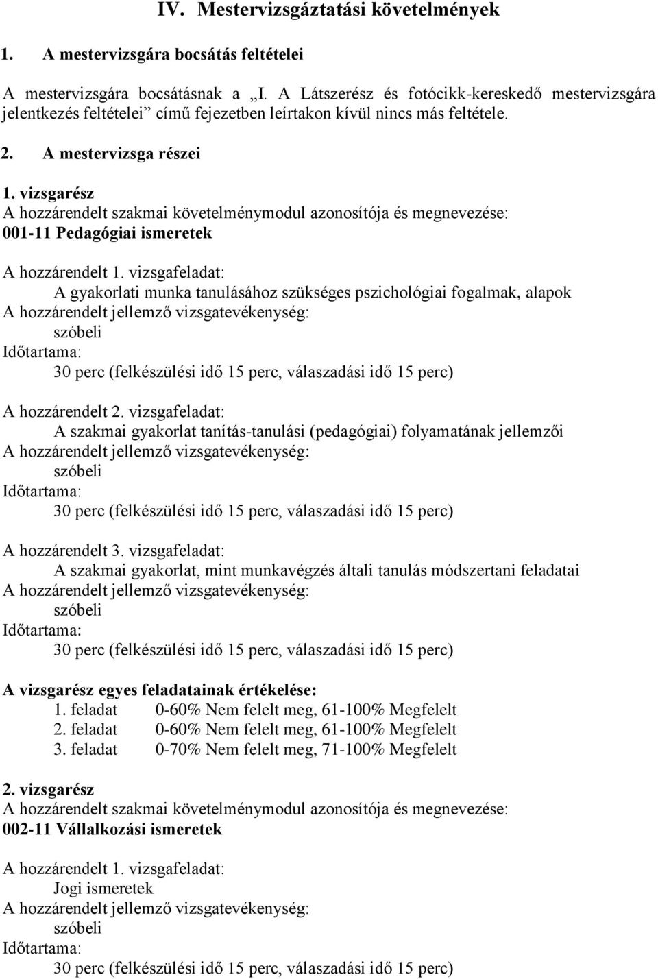 vizsgarész hozzárendelt szakmai követelménymodul azonosítója és megnevezése: 001-11 Pedagógiai ismeretek hozzárendelt 1.