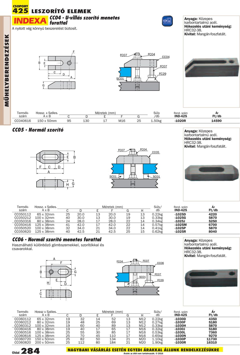 50kg -1020R 14590 CC05 - Normál szorító Anyaga: Közepes karbontartalmú acél. Hõkezelés utáni keménység: HRC32-38. Kivitel: Mangán-foszfatált. Termék- Hossz. x Széles.