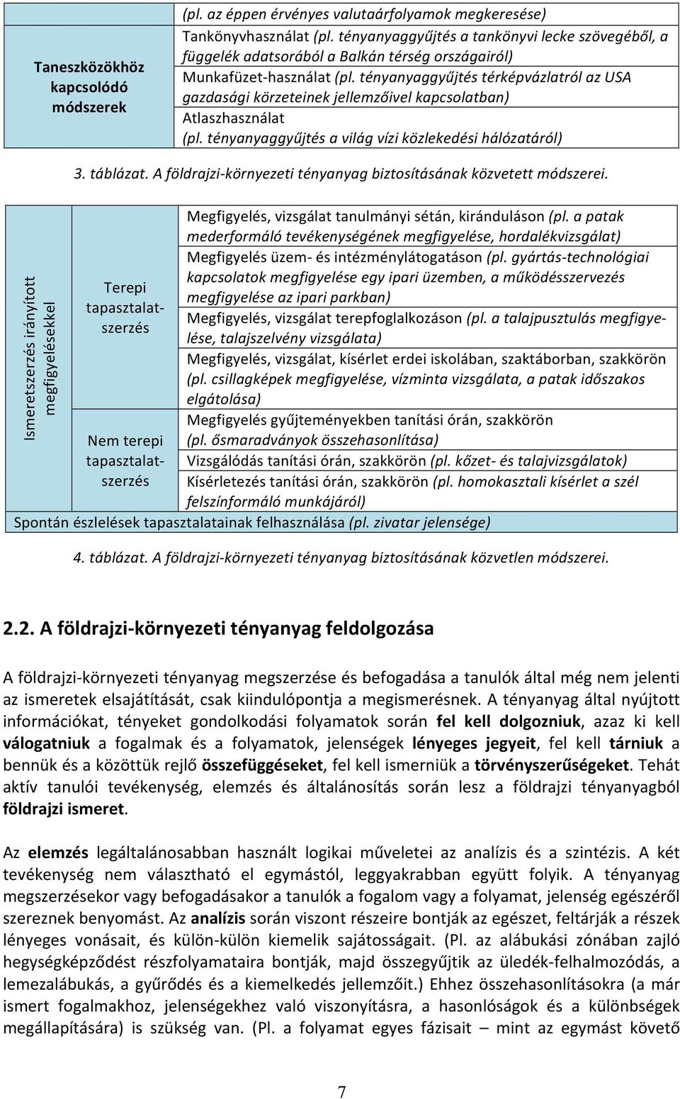 tényanyaggyűjtés térképvázlatról az USA gazdasági körzeteinek jellemzőivel kapcsolatban) Atlaszhasználat (pl. tényanyaggyűjtés a világ vízi közlekedési hálózatáról) 3. táblázat.