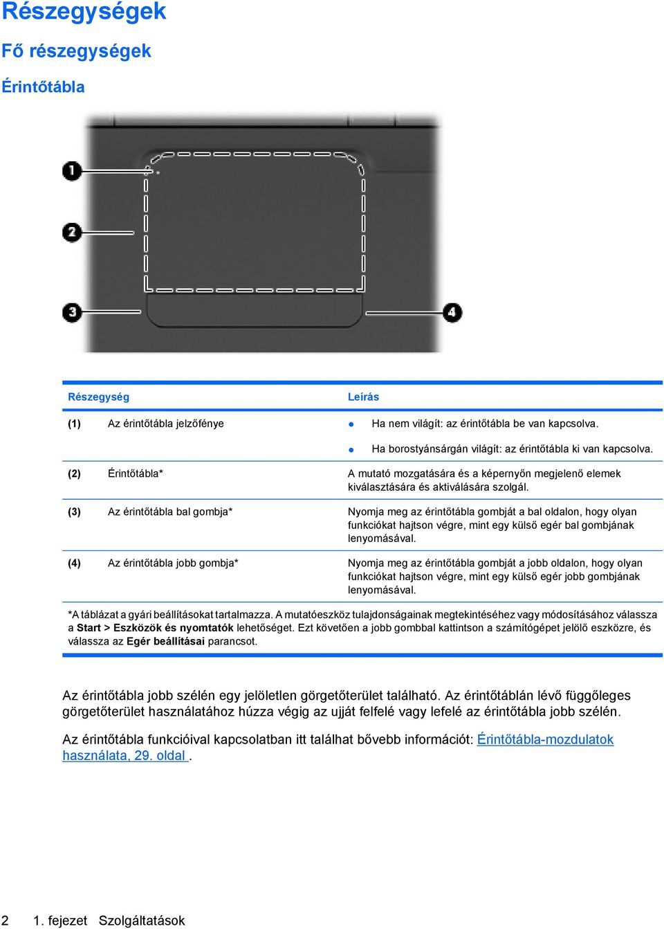 (3) Az érintőtábla bal gombja* Nyomja meg az érintőtábla gombját a bal oldalon, hogy olyan funkciókat hajtson végre, mint egy külső egér bal gombjának lenyomásával.