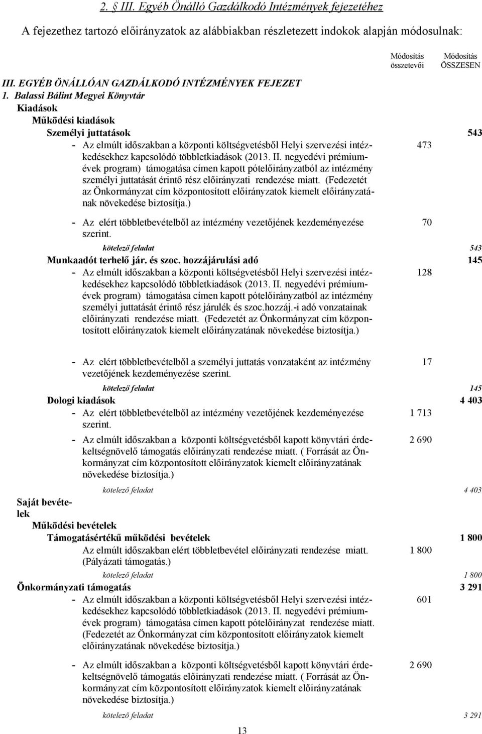 Balassi Bálint Megyei Könyvtár Személyi juttatások 543 - Az elmúlt időszakban a központi költségvetésből Helyi szervezési intézkedésekhez kapcsolódó többletkiadások (2013. II.